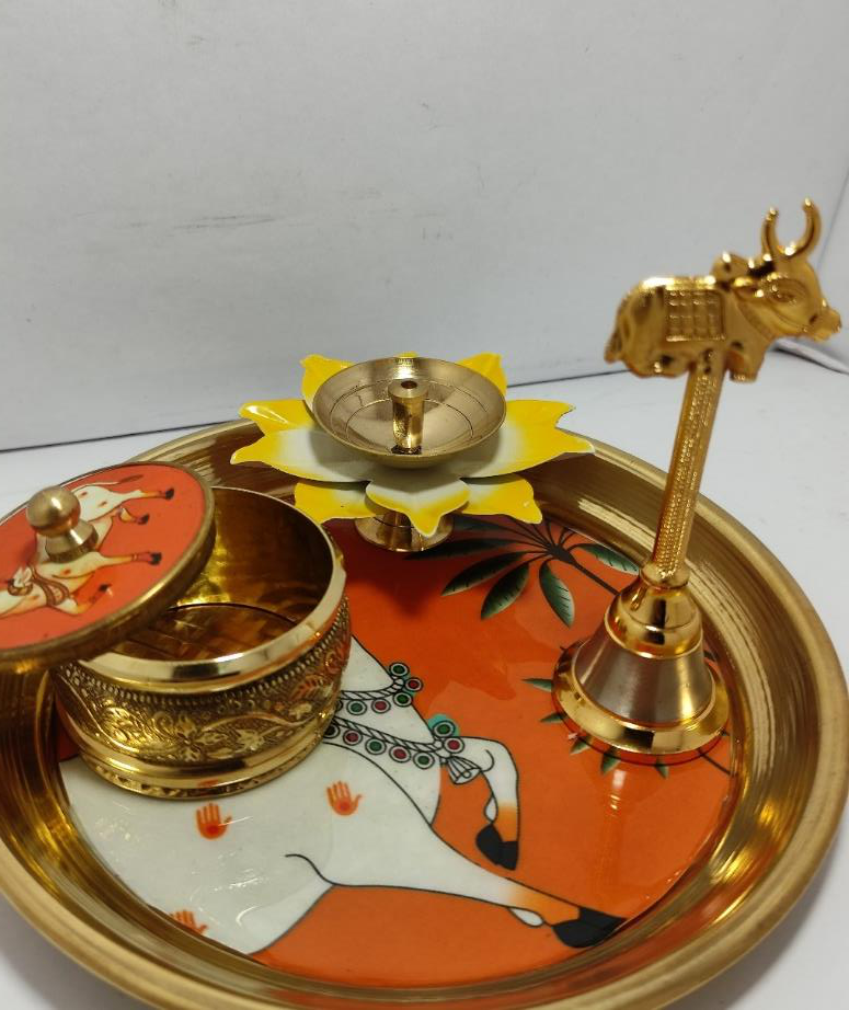 Brass Puja Set with Velvet box (Size: 6 inch of plate)